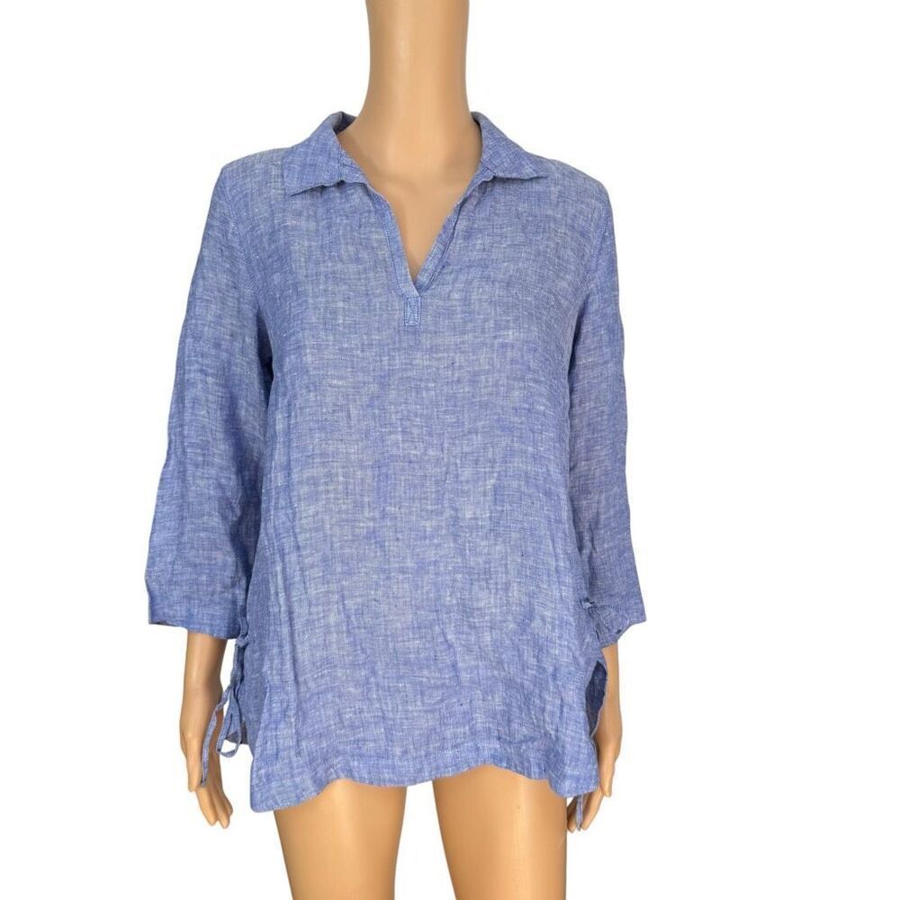 Sigrid Olsen 100% Linen Tunic Shirt chambray blue side ties Pullover size S